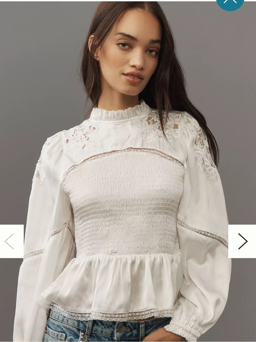 Anthropologie White Smocked Peplum Lace-Trim Blouse